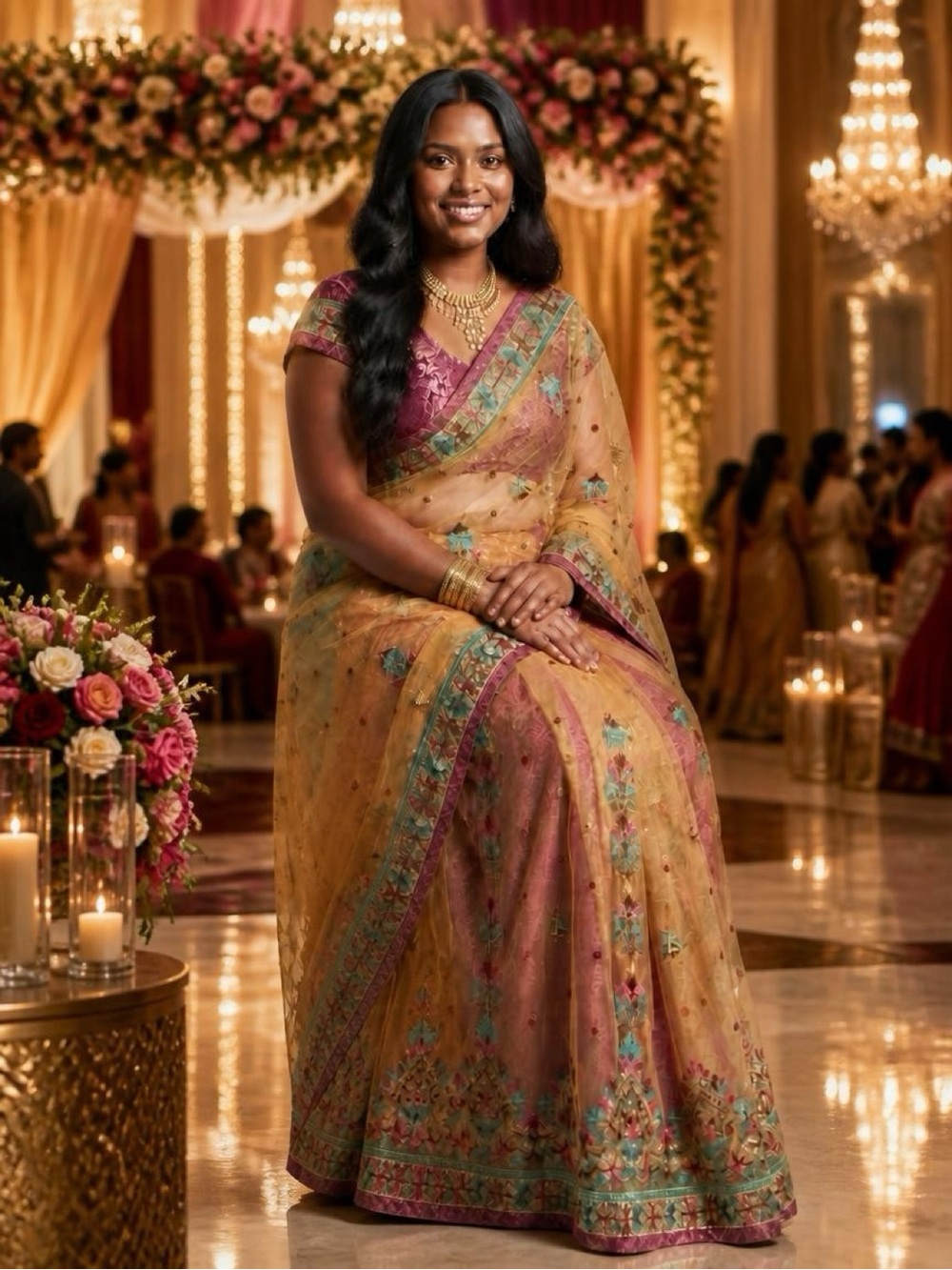 Magenta Saree with Gold Embroidered Net Drape